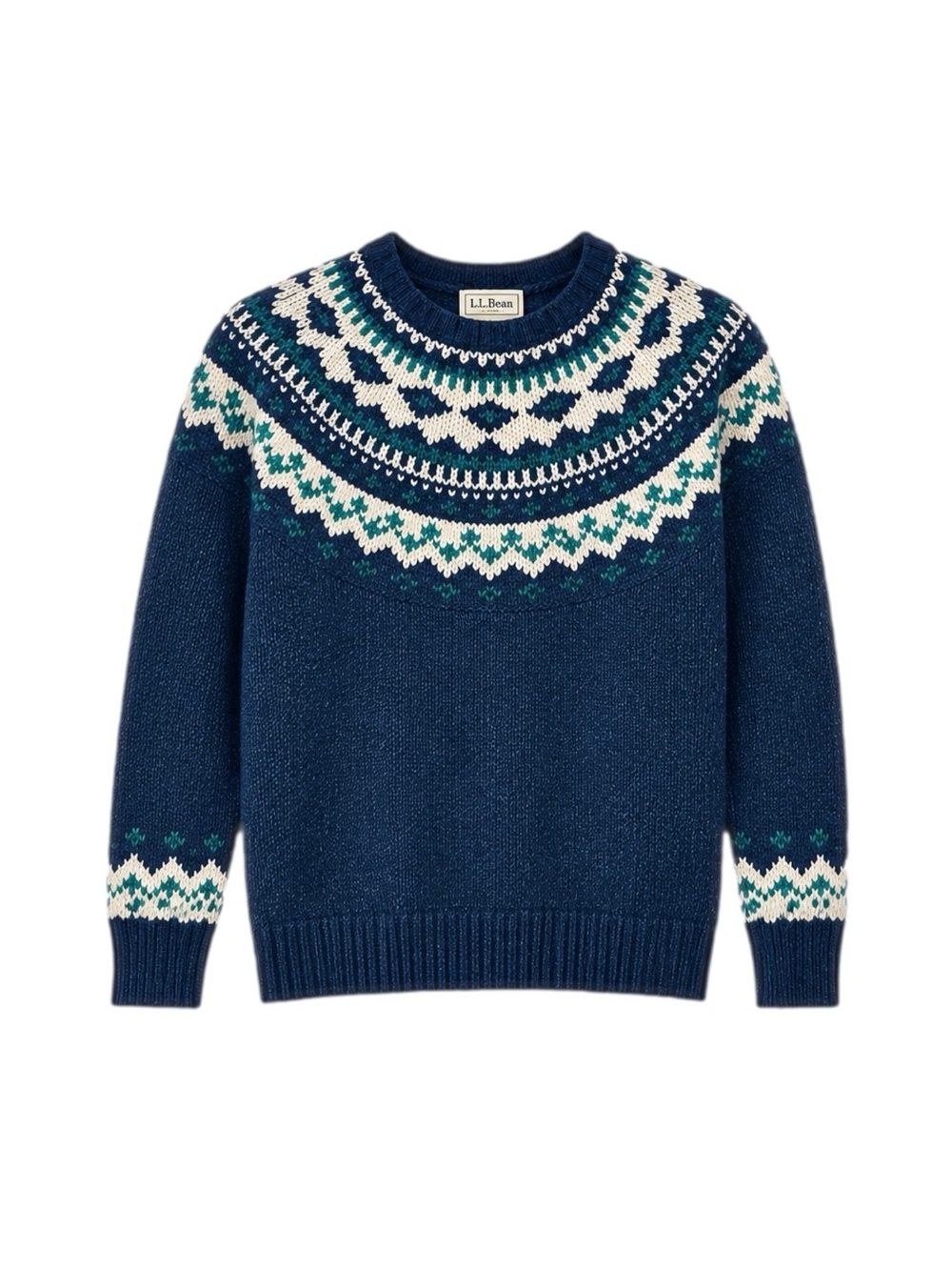 L.L. Bean Navy Crewneck Fair Isle Sweater with Cream & Green Accents